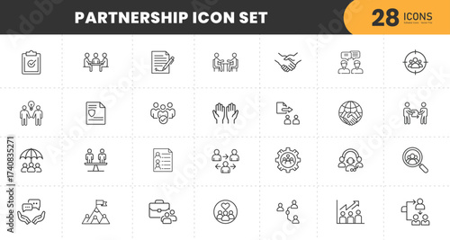  Partnership Icon Set – Business Collaboration, Teamwork, Agreement, Communication, Handshake, Global Connection, Strategy, Leadership,  and Cooperation Vector Line Icons  with isolated Background	  