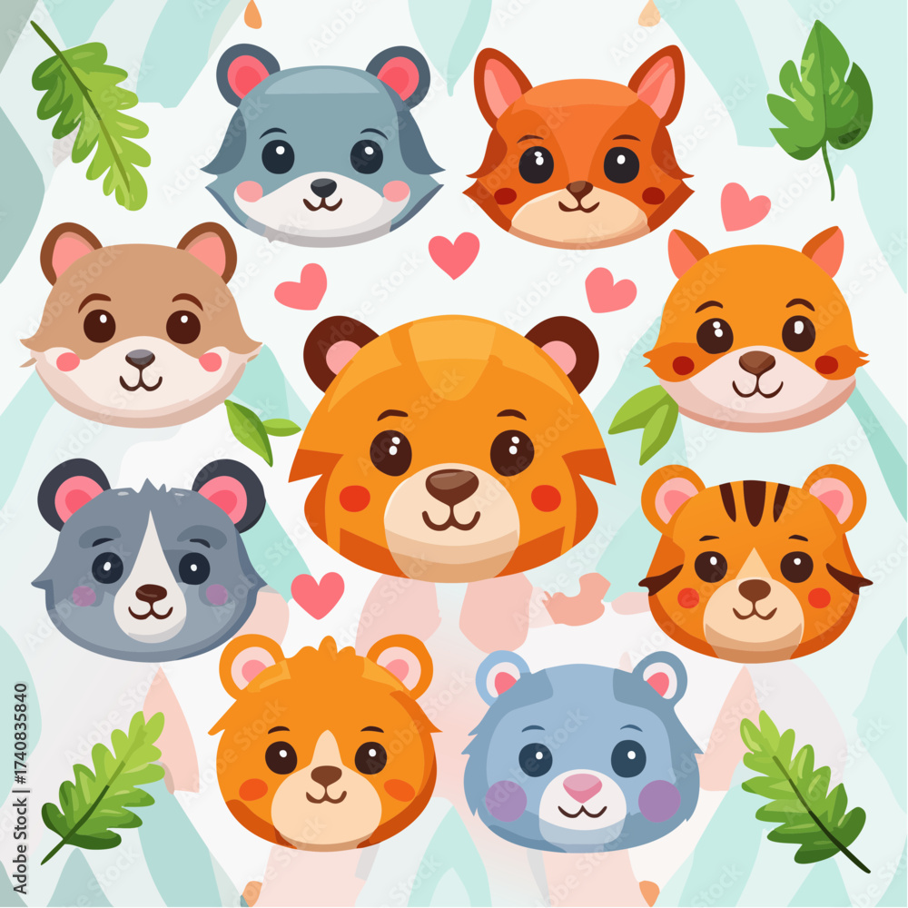 Fototapeta premium Cute Cartoon Animal Heads Collection, Including Tiger, Bear, Fox and More, Perfect for Kids Projects