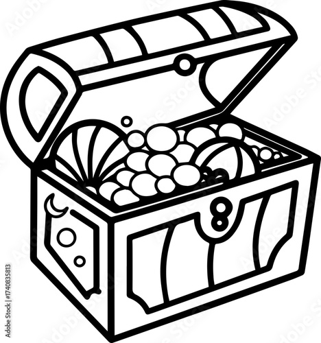 SVG vector illustration of a sea treasure chest.Scuba Diver Exploring Treasure Chest Underwater Scene