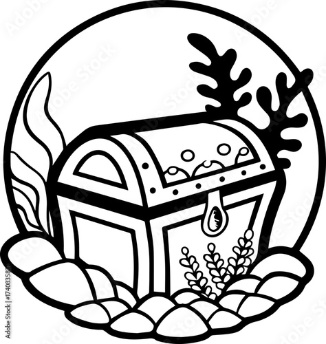 SVG vector illustration of a sea treasure chest.Happy Octopus with Treasure Chest and Coral Reef