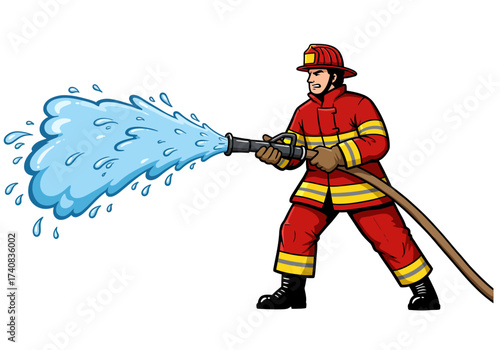 Firefighter in red uniform hoses water wide stance resolute expression