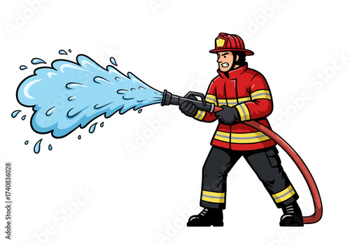 A firefighter holds a hose spraying water