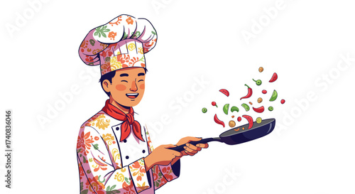 Chef tossing food in pan floral hat and coat