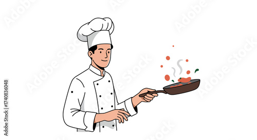 Chef donning a toque and uniform holds a skillet with steaming food featuring tomatolike ingredients