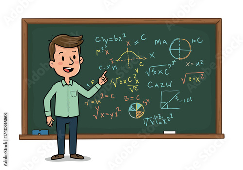 A smiling teacher points at a chalkboard covered in colorful math equations and diagrams