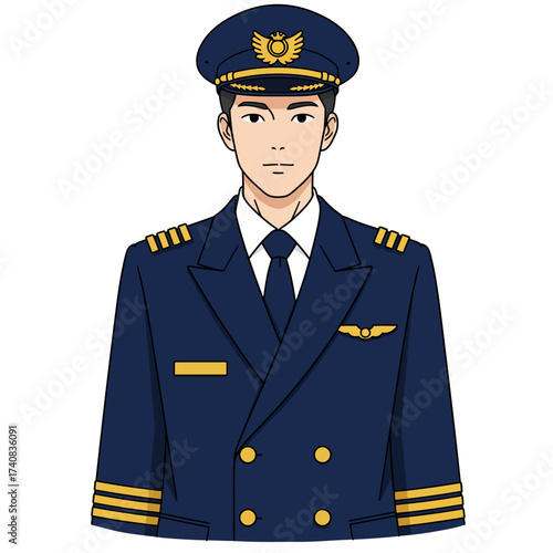 A pilot in a blue uniform and hat with gold accents