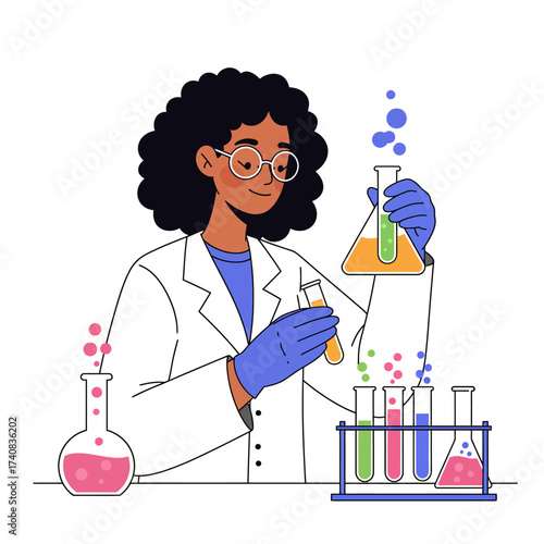 Cartoon of a scientist with curly hair wearing a lab coat safety glasses and gloves conducting an experiment with colorful liquids