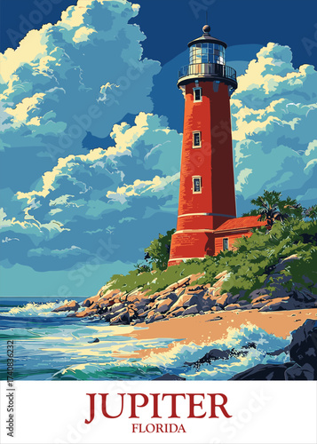 Vector illustration of Jupiter, Florida, featuring a historic lighthouse on a scenic coastline with a vibrant blue sky, ideal for travel posters, tourism marketing, and nautical-themed designs