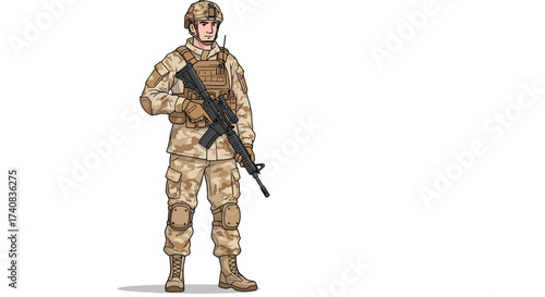 Soldier stands in desert camo holding a rifle wearing a helmet and body armor