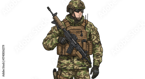 A soldier in camo gear helmet and sunglasses holds a rifle against a white background
