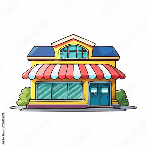 Colorful storefront building with awning and windows