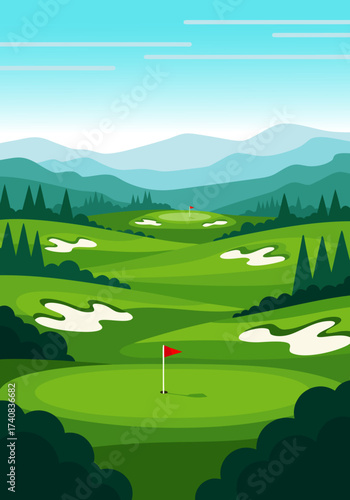 Vibrant illustration of a professional golf course, featuring lush greens, challenging sand traps, and a scenic mountainous backdrop, perfect for sport and leisure