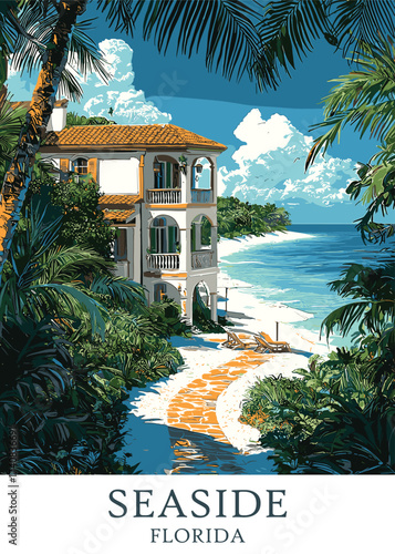 Seaside, Florida vintage travel poster with luxury beachfront villa, palm trees, tropical plants, and white sand beach, evoking a relaxing vacation getaway