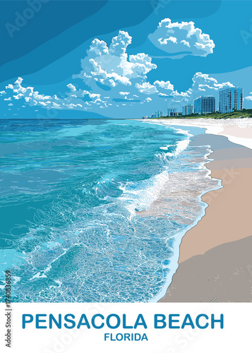 Stunning vector graphic of Pensacola Beach, Florida, presenting a picturesque shoreline with turquoise waves gently rolling onto the sandy beach, set against a backdrop of clear blue skies and clouds