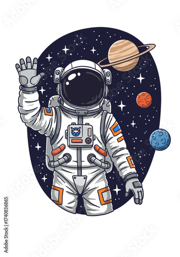 Cartoon astronaut waving hand in space planets and stars in the background