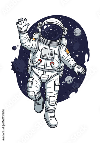 An astronaut floats in space amidst planets and stars