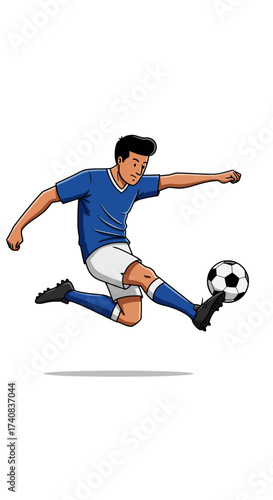 A soccer player in a blue jersey white shorts and black cleats kicks a soccer ball midair