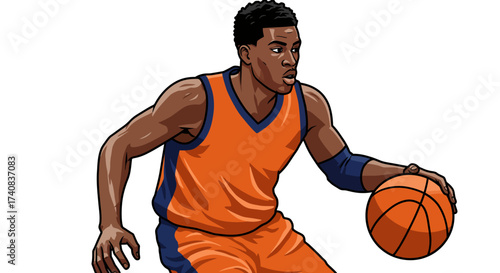 Animated basketball player in orange dribbles looking focused