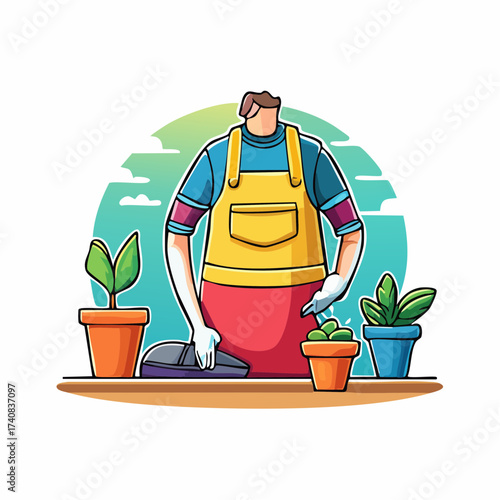Gardener tending plants in pots