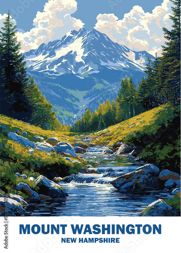 Mount Washington, New Hampshire vintage travel poster featuring a scenic mountain stream, lush green forest, and clear blue sky, ideal for nature enthusiasts