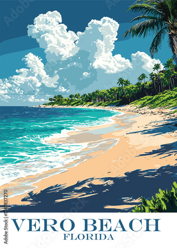 Idyllic vector artwork of Vero Beach, Florida, presenting a serene beach scene with turquoise waters, sandy shores, and swaying palm trees under a partly cloudy, bright blue sky