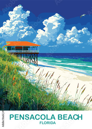 Charming vector illustration of Pensacola Beach, Florida, showcasing a stilted beach house with an orange roof amidst grassy dunes and a bright blue sky with fluffy white clouds