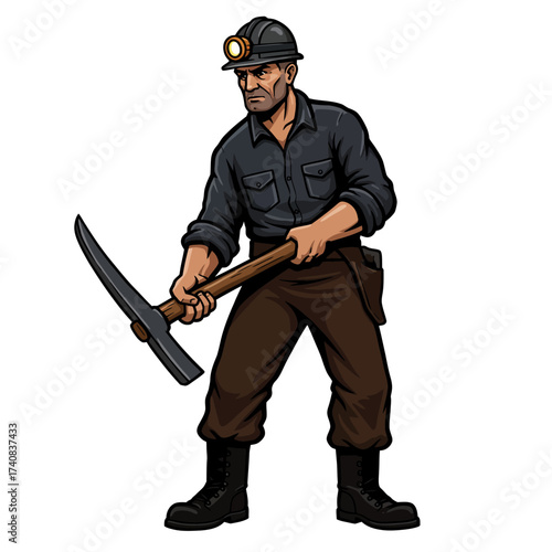 A miner in work clothes and hardhat holds a pickaxe