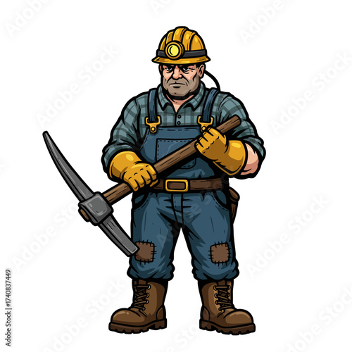 Miner in overalls with helmet holding pickaxe