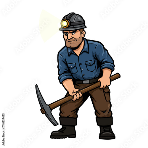 A miner with helmet lamp holding a pickaxe dressed in work clothes