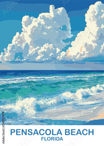 Vibrant vector depiction of Pensacola Beach, Florida, presenting gentle turquoise waves meeting a pristine sandy shore under a bright sky filled with fluffy, textured clouds
