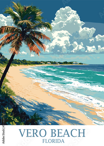 Vero beach florida travel poster design showcasing a tropical beach with turquoise water, palm trees, and sunny skies, perfect for promoting vacations and tourism