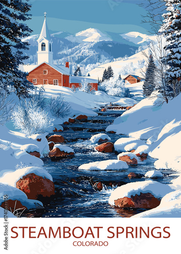 Vector illustration showcasing a winter scene in Steamboat Springs, Colorado, featuring a charming red church, snow-covered river, and snow-capped mountains under a blue sky