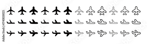 Simple airplane and flight black and white icon set, editable line icons and fill icons, two types of detail (rounded, sharp), three types of line width