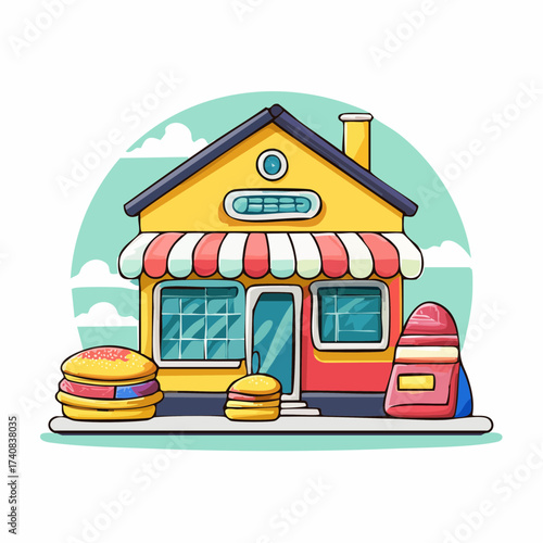 Burger shop facade with stacked burgers and fries