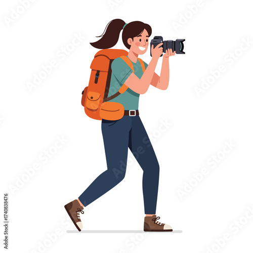 Woman photographer with backpack capturing scenic views on outdoor adventure illustration