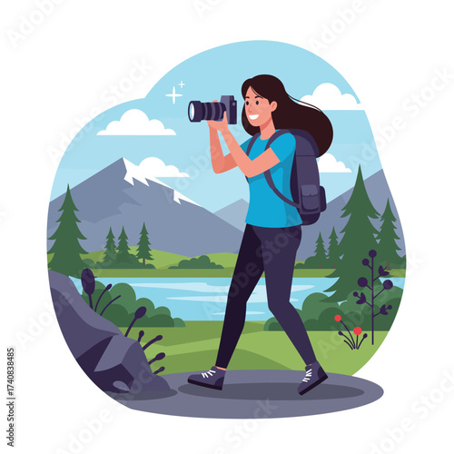Woman photographer captures scenic mountain landscape adventure travel illustration