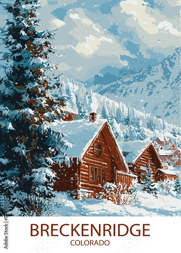 Idyllic winter scene in Breckenridge, Colorado featuring snow-covered cabins, a towering pine tree, and picturesque mountains under a cloudy sky, a perfect winter wonderland vector illustration