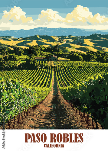 Vector illustration of a picturesque Paso Robles, California, vineyard featuring grape vines, rolling hills, and a tranquil rural landscape, capturing the essence of wine country