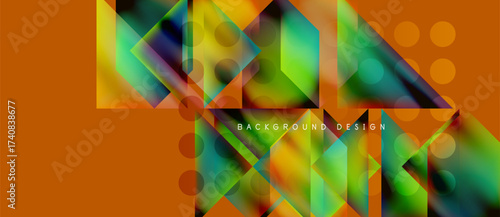 Abstract geometric design. Vibrant colors blend, creating dynamic shapes. Orange background contrasts with colorful overlays. Modern aesthetic.