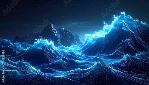 Fototapeta Naklejka Na Ścianę i Meble -  Digital art of glowing blue waves and mountains under a dark night sky