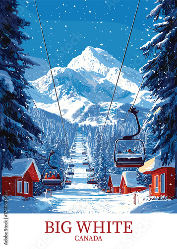 Vector illustration of the scenic Big White, Canada, ski resort featuring chairlifts, snowy slopes, pine forests, and cozy chalets under a clear, winter sky