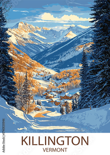Vintage vector illustration of Killington, Vermont, showcasing a scenic mountain landscape with ski slopes, charming village, and towering pines, reminiscent of classic travel posters