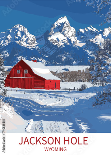 A captivating vector depiction of winter in Jackson Hole, Wyoming, showcasing a red barn amidst snow-covered fields with majestic mountains in the backdrop, ideal for travel and promotional materials.