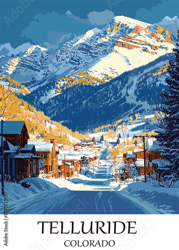 Vibrant winter scene in Telluride, Colorado with a snow-covered street leading to majestic mountains, set against a clear sky, a vector illustration ideal for travel and seasonal designs