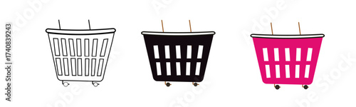 multiple variants of a shopping basket icon isolated on transparent background showing a wireframe black and pink version, perfect for e-commerce and retail design concepts