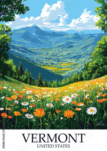 Vibrant vermont landscape vector illustration featuring a lush wildflower meadow, rolling green hills, and distant mountains under a clear sky, ideal for travel posters and scenic designs