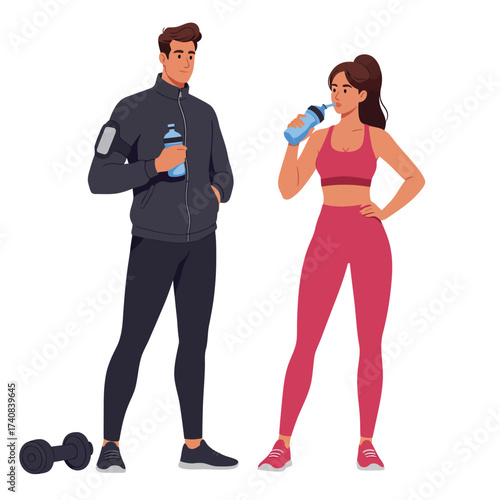 Fit couple enjoying a refreshing drink after a workout session together illustration