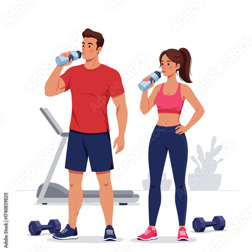 Active couple hydrating after workout with treadmill and dumbbells suggesting fitness lifestyle illustration