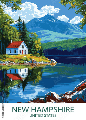 Scenic new hampshire lake house vector illustration reflecting on the water, capturing summer tranquility, excellent for travel brochures and lakeside retreat promotions