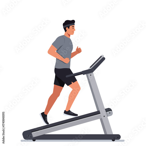 Fit man running on treadmill for cardio exercise and healthy lifestyle indoors illustration